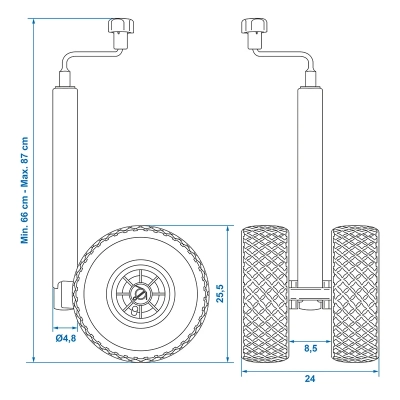 Doppelstützrad 48mm mit 2x Kunststoff-Felge und Luftreifen, 260x85mm