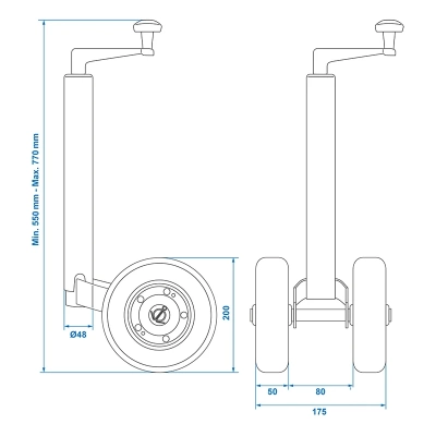 Doppelstützrad 48mm mit Vollgummireifen, 200 x 50mm